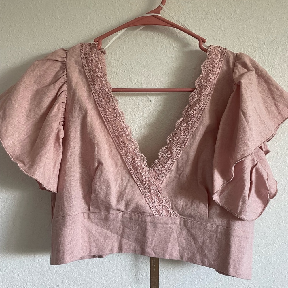 Pink Lace Trim V-Neck Blouse